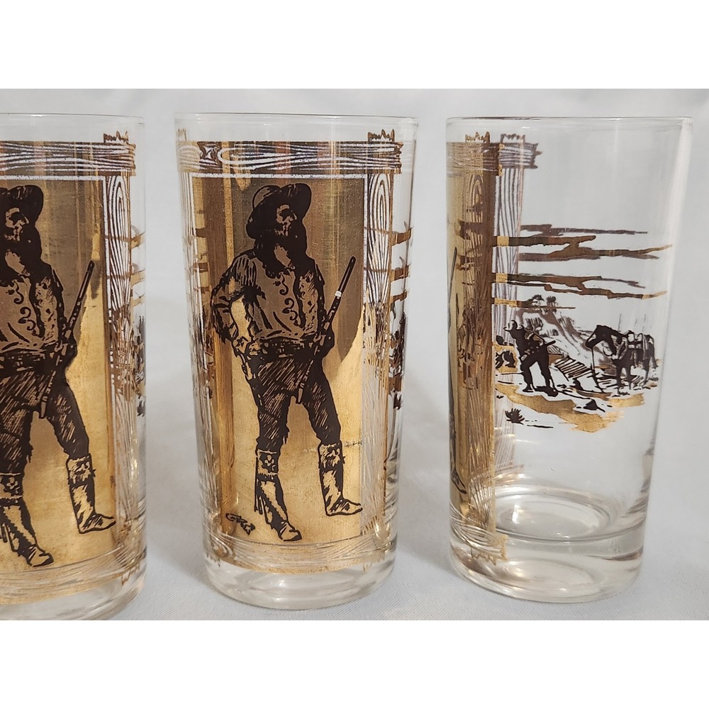 Rare MCM Charles Russell Cowboy Western 24K Gold  Highball Glass EUC Set Of 4 - Picture 4 of 8